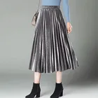 Шикарная офисная элегантная женская длинная Плиссированная Юбка-макси RuiLee металлик-серебристого цвета юбка миди с высокой талией эластичная повседневная юбка для вечеринки