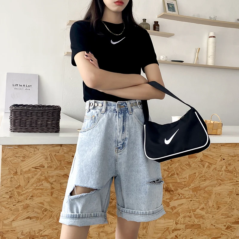 Винтажные синие джинсовые шорты женские свободные рваные джинсы с высокой