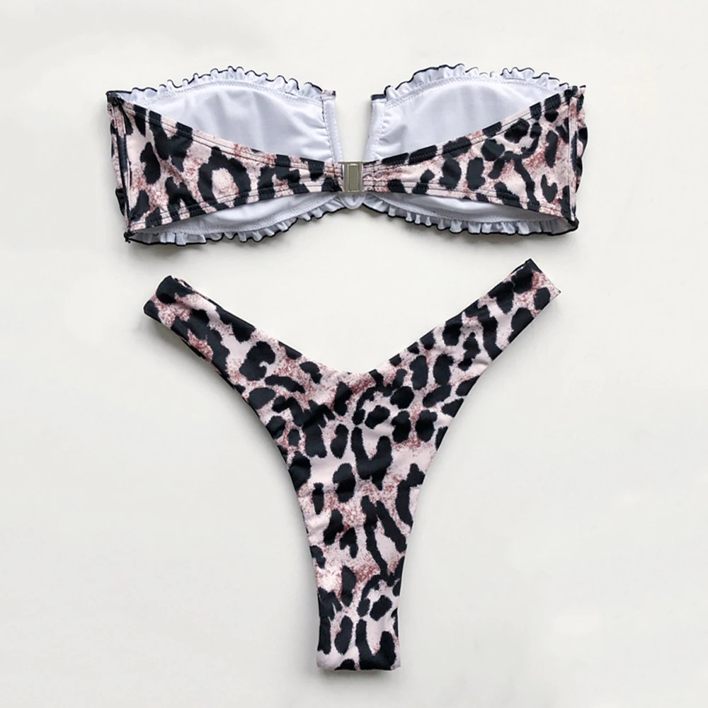 Женский купальник бандо бикини с леопардовым принтом v образный вырез