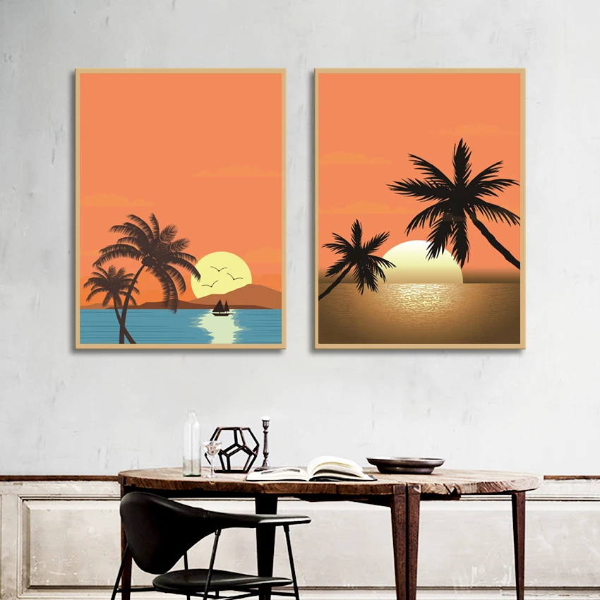 

Decorative Painting Seaside Sunset Orange Scenery and Tree Poster Waterproof Ink Home Living Room Bedroom Decoration Frameless