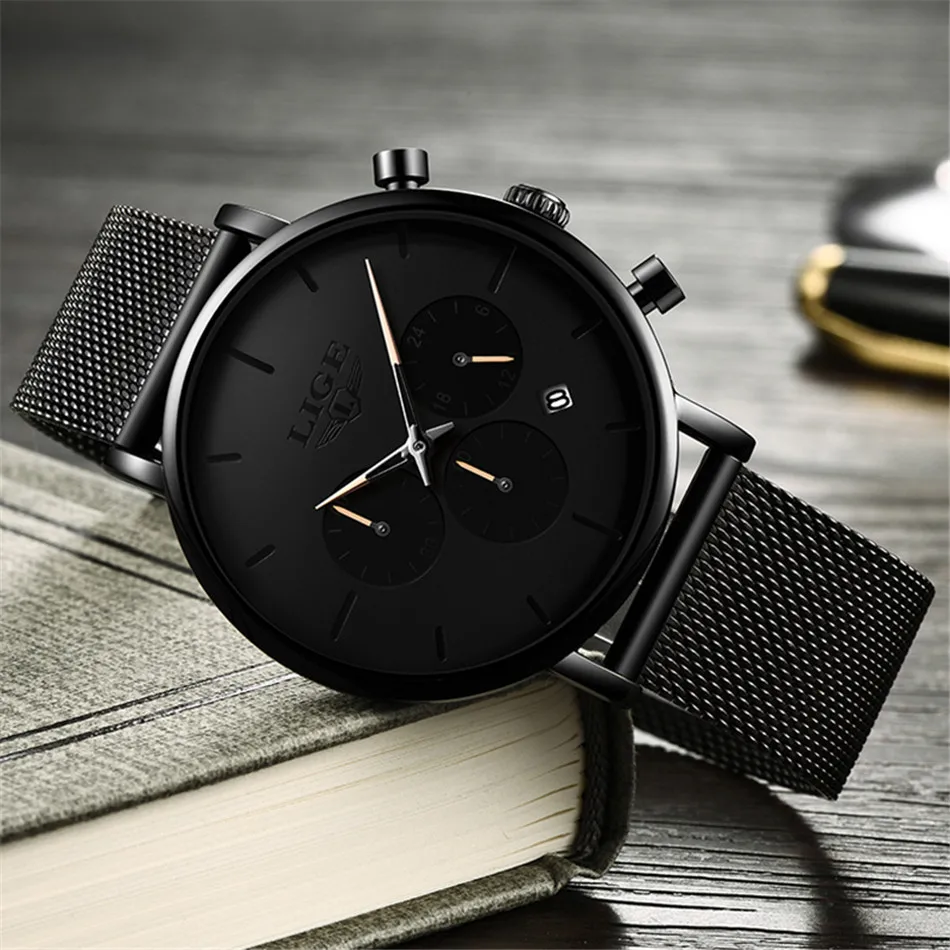 Relojes LIGE мужские часы из сетчатой стали, модные брендовые Роскошные спортивные ультра-тонкие кварцевые часы, мужские повседневные водонепроницаемые часы с датой