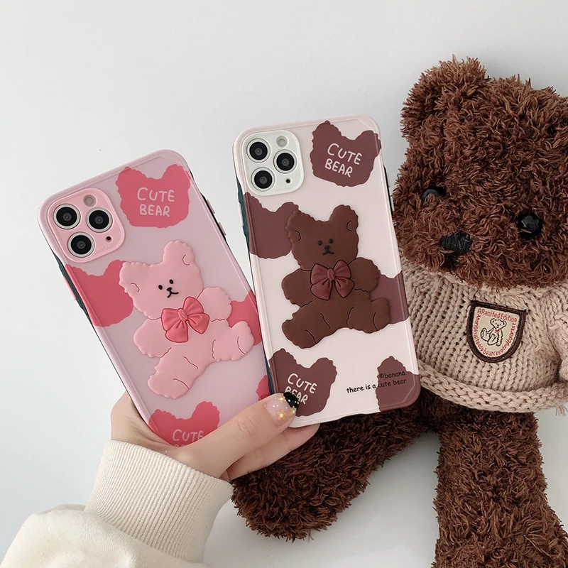 

Korea cute 3D Bowknot Bear Lens Protection Phone Case For iPhone 12 Mini 11Pro MAX X XS XR 7 8 Plus SE Soft Silicone Back Cover