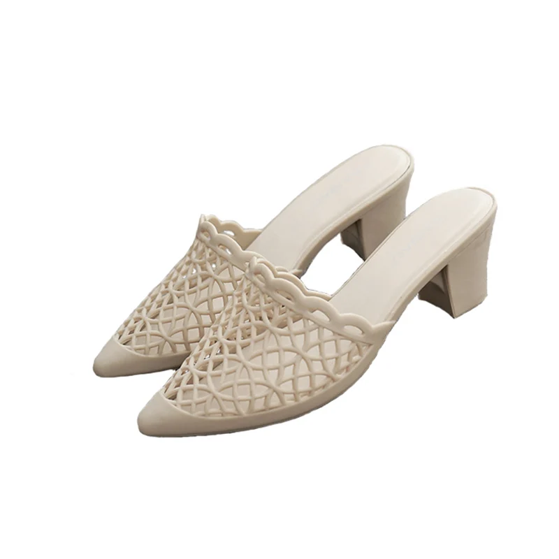 Босоножки женские сетчатые с острым носком на толстом каблуке нескользящей
