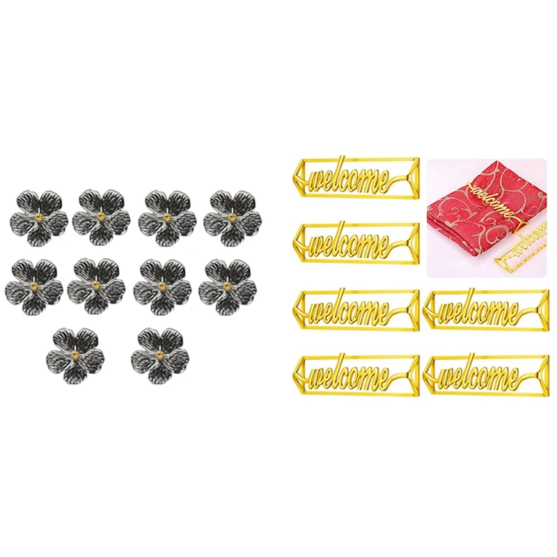 

10Pcs Wedding Simple Plum Flower Napkin With 6Pcs Napkin Rings Welcome Napkin Holder Rings