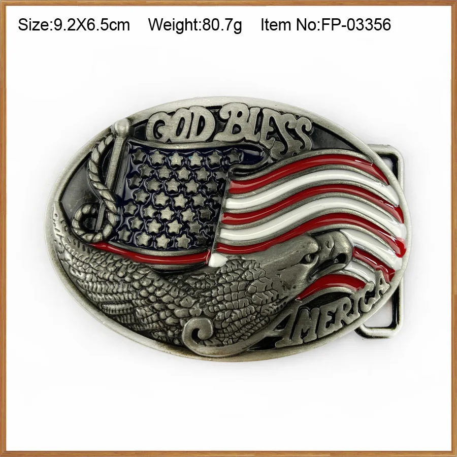 Оптовая продажа пряжек Buckleclub "Бог благословляет Америку" с орлом и флагом США для джинсов FP-03356, отделка - пьютер, для мужчин.