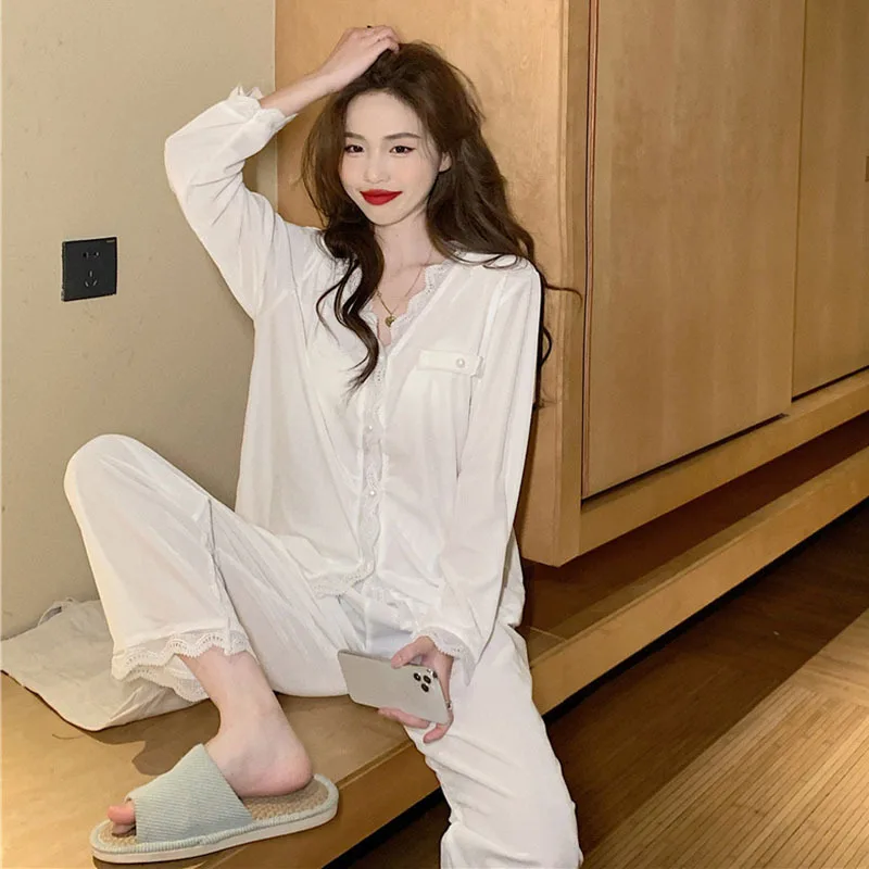 

Velvet Women Lounge Wear Casual Pajamas Set Solid Sleepwear 2 Pieces Shirt&Pants Soft Home Clothes Pyjamas With Lace Nightwear