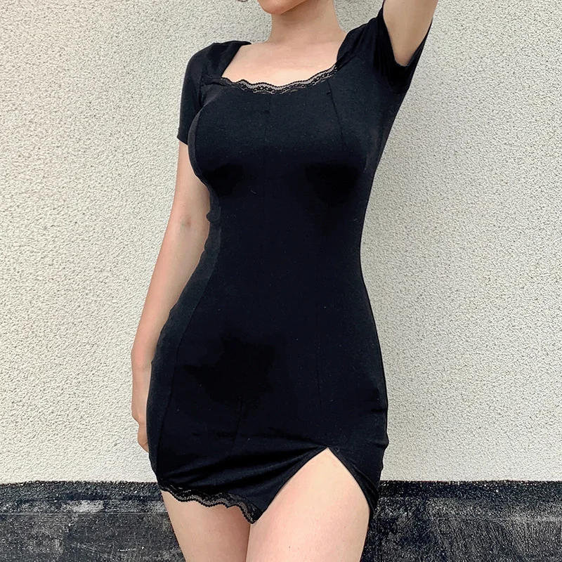 

Lace stitching 2021 summer new sexy slim split dress temperament high waist hip short skirt women