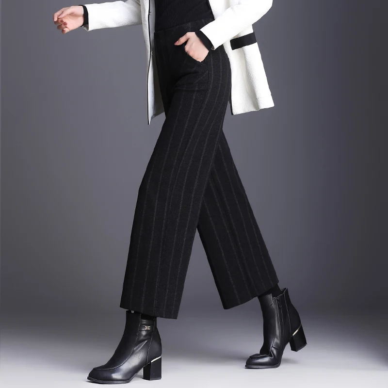 Winter Woolen Women 2020 High Waist Striped Loose Female Office Trousers Plus Size S~3XL Ankle-length Elegant Woman Pants
