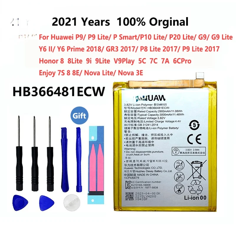 

Оригинальный аккумулятор HB366481ECW на 3000 мАч для Huawei P9 P Smart Honor 8 9 Lite 9i V9 Play 5C 7C 7A 6C Pro, сменная батарея