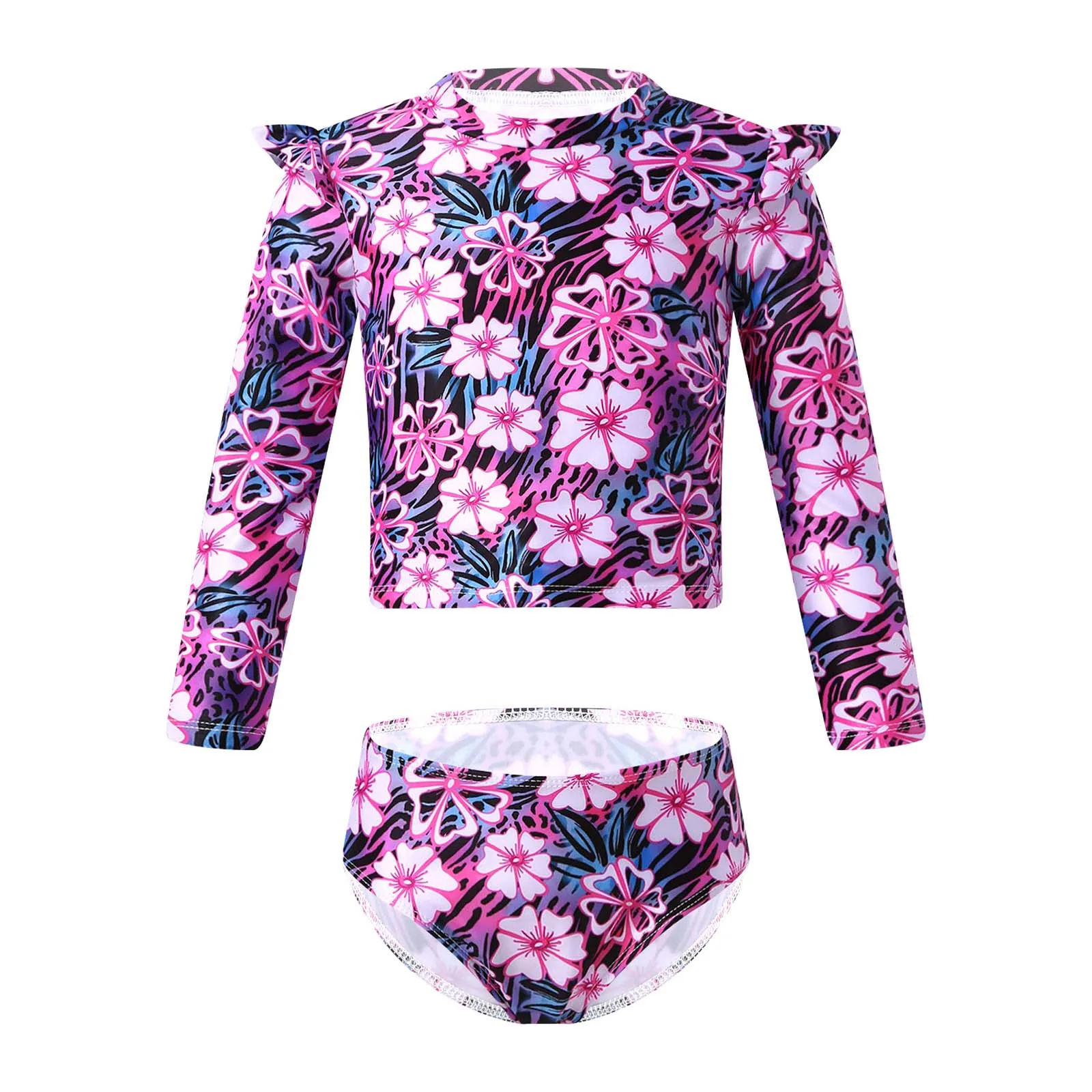 

Kids Girls Floral Print Long Sleeves Swimsuits Racerback Tank Vest with Bikini Triangle Briefs Swimwear Beachwear Outfits Sets