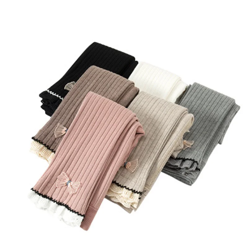 

2020 Autumn New Baby Girls Leggings Stretch Thin Bow Striped Lace Nine-point Leggings 0-12T