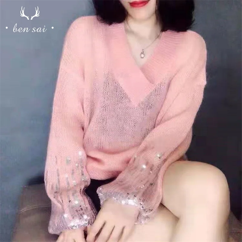 Женский тонкий трикотажный свитер с V-образным вырезом и рукавами-фонариками |