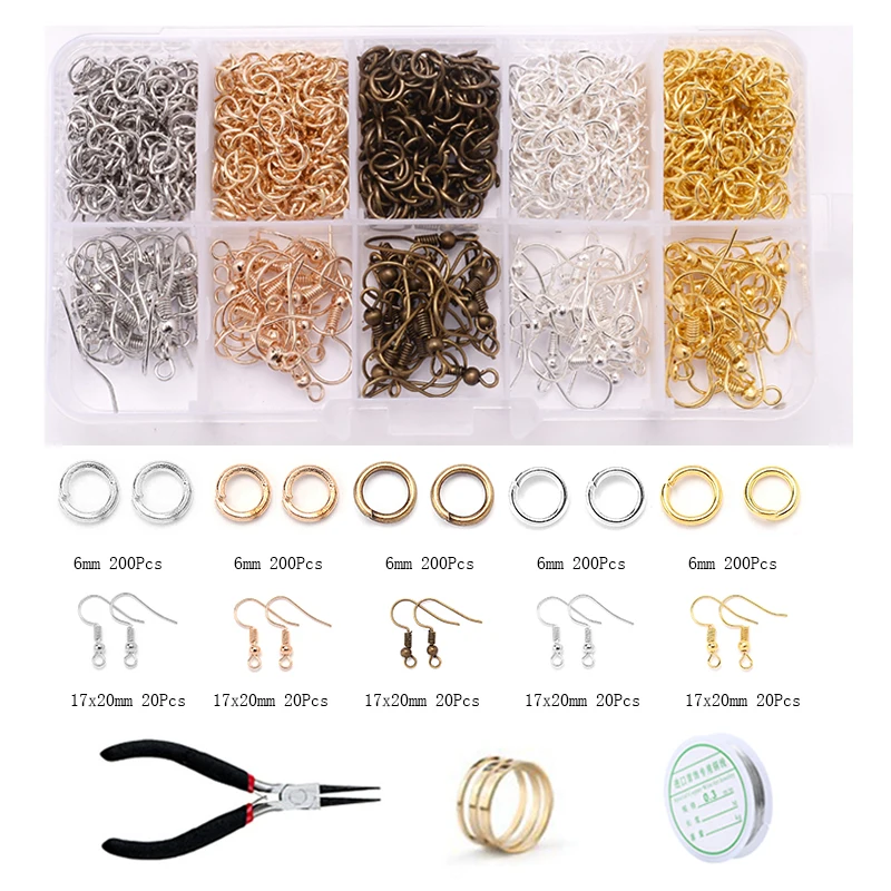 

New Alloy Jewelry Findings Set Jewelry Making Tools Charm Metal Open jump Rings Earring Hook Accessories Supplies Approx 1000Pcs