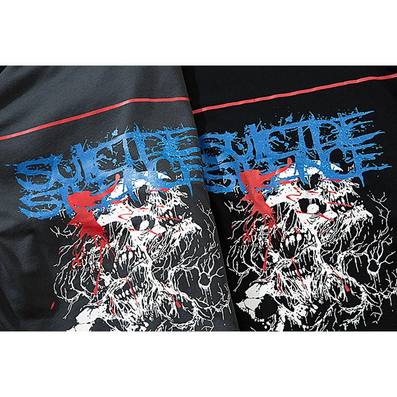 

Men Sweatshirt Punk Print Broken Hole Fake 2 Pieces Ribbons O-Neck Pullover Men Side Pocket Cozy Hip Hop Streetwear Hoodie Tops