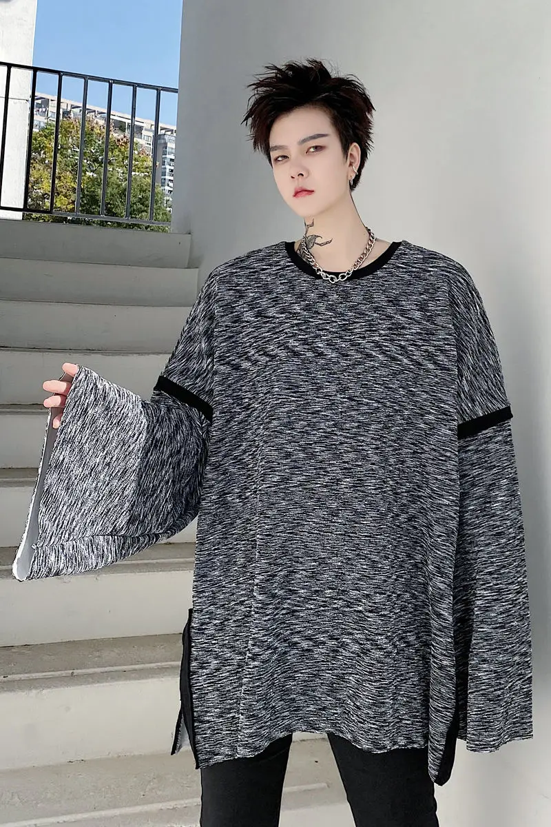 

IEFB 2021 Spring Off Shoulder Side Split Loose Men's Long Sleeve Sweatshirts For Men Round Collar Flare Long Sleeve Pullover Top