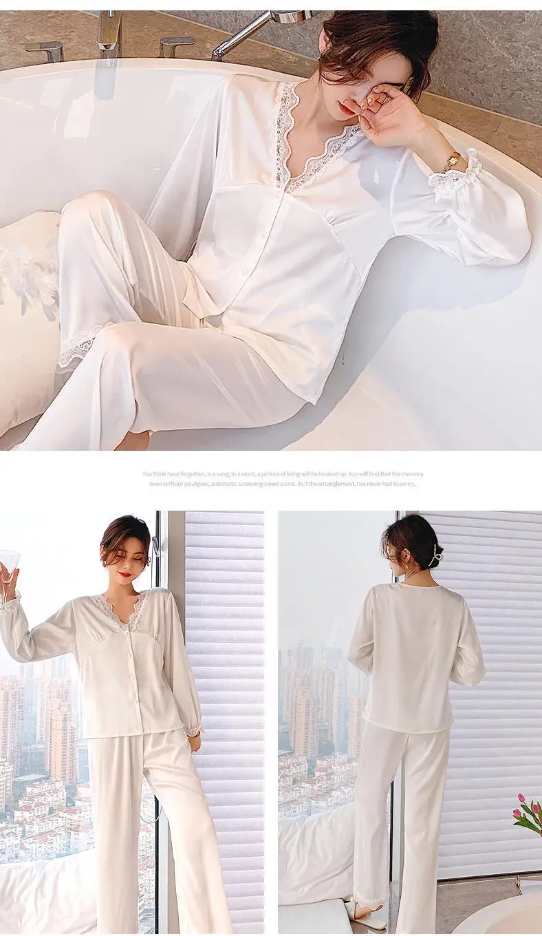 Casual Pajamas Women Sleepwear Satin Two Piece Set Lace Shirt&Pants Sexy Button-Down Loungewear Comfy Pyjamas PJS Suit