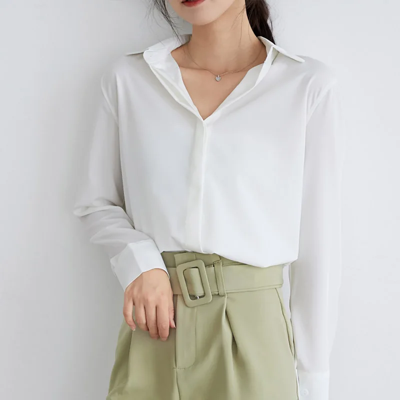 

Houthion Chiffon Slim Women's Blouses Fashion Long Sleeve Top Solid Color V-neck Shirt Spring/autumn New Casual Blouse