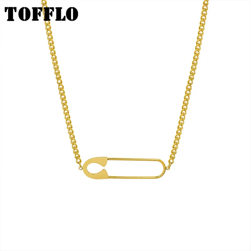 

TOFFLO Stainless Steel Jewelry Exaggerated Pin Pendant Necklace Women Hip Hop Fashion Clavicle Chain BSP928