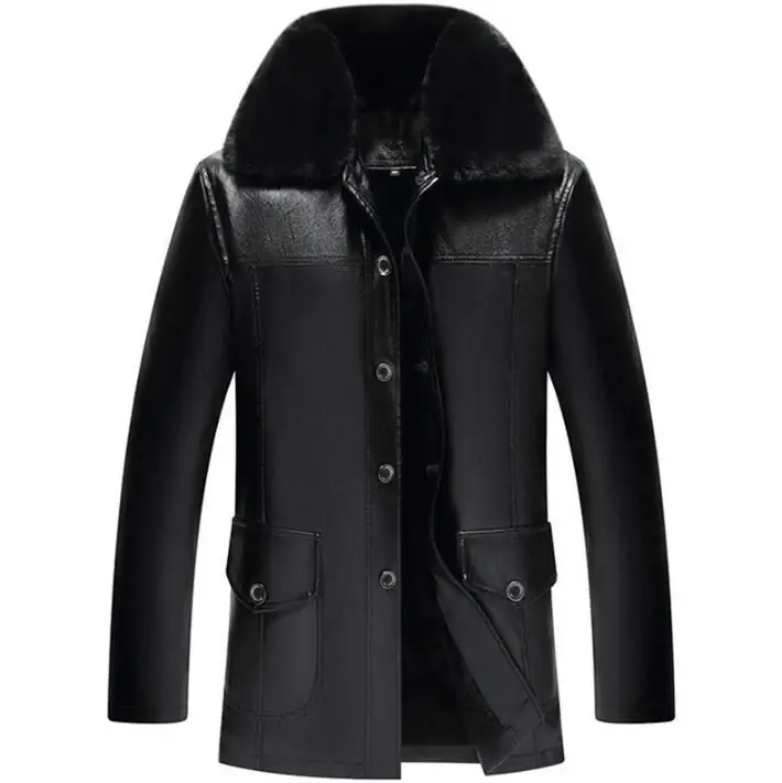 mens leather jacket single-breasted motorcycle coat men jackets winter Middle-aged Big fur collar clothes  velvet thicken