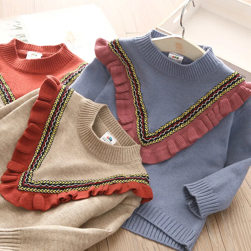 

2021 spring and autumn children's O-neck knitted pullover cotton ruffled patchwork baby girl sweater