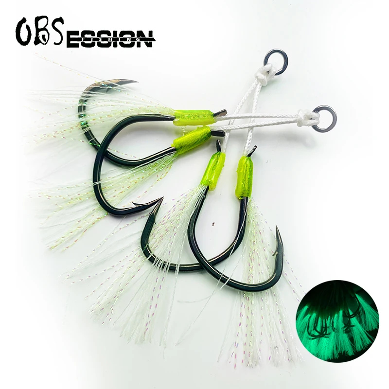 

High Carbon Steel Luminous Assist Double Hook 1/0 2/0 3/0 4/0 Saltwater Fishing Slow Jigging Assist Hook with Feather Solid Ring