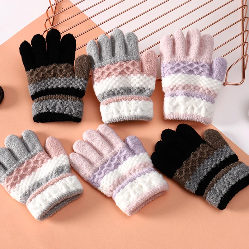 

Soft Knitted Baby Gloves Striped Kids Girls Boys Full Finger Gloves Autumn Winter Warm Children Mittens