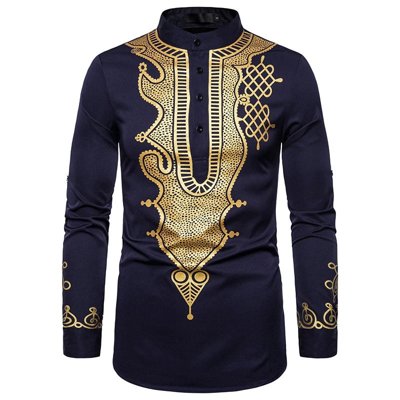 African Shirt for Men Slim Fit Formal Casual Long Sleeve Shirts Gold Bronzing Party Dress Male Blouse