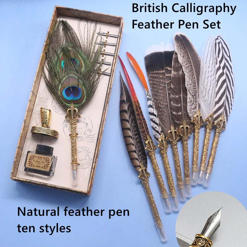 Новый и уникальный! Натуральное павлинье перо набор водных ручек чернила для