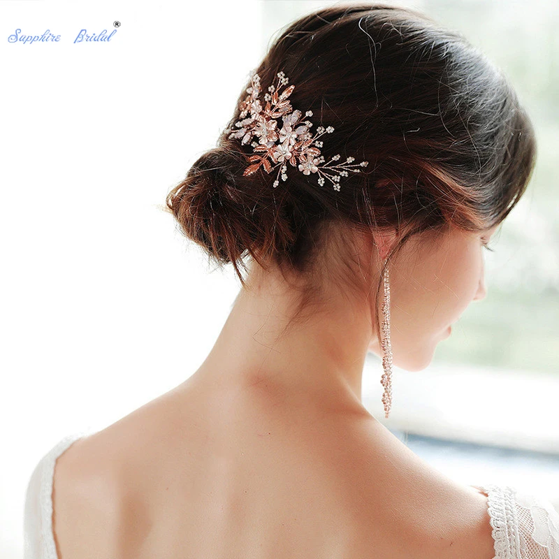 Великолепный розовый Золотой искусственный цветок Стразы Свадебный гребень