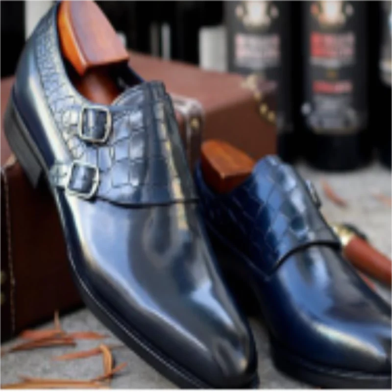 

Men's Handmade Black PU Crocodile Pattern Stitching Slippery Classic Double Buckle Monk Shoes Fashion Casual All-match YX061