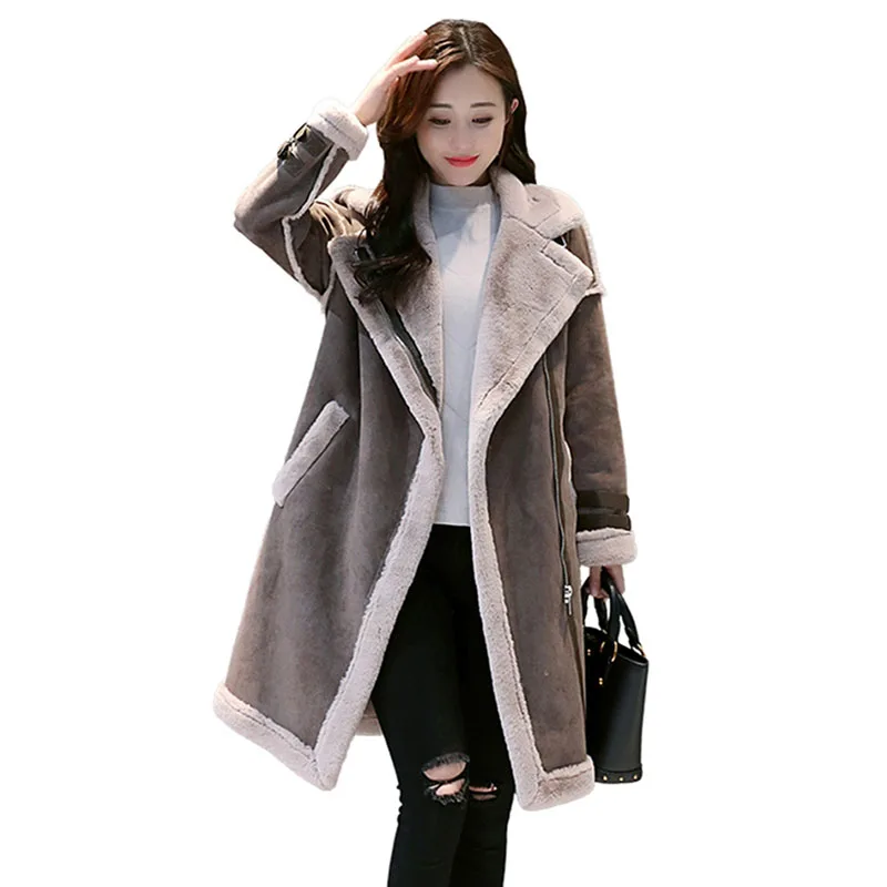 Новая зимняя женская замшевая куртка с искусственным мехом из искусственной оленины, длинная куртка из шерсти, толстая парка из искусственного ягненка OK409.