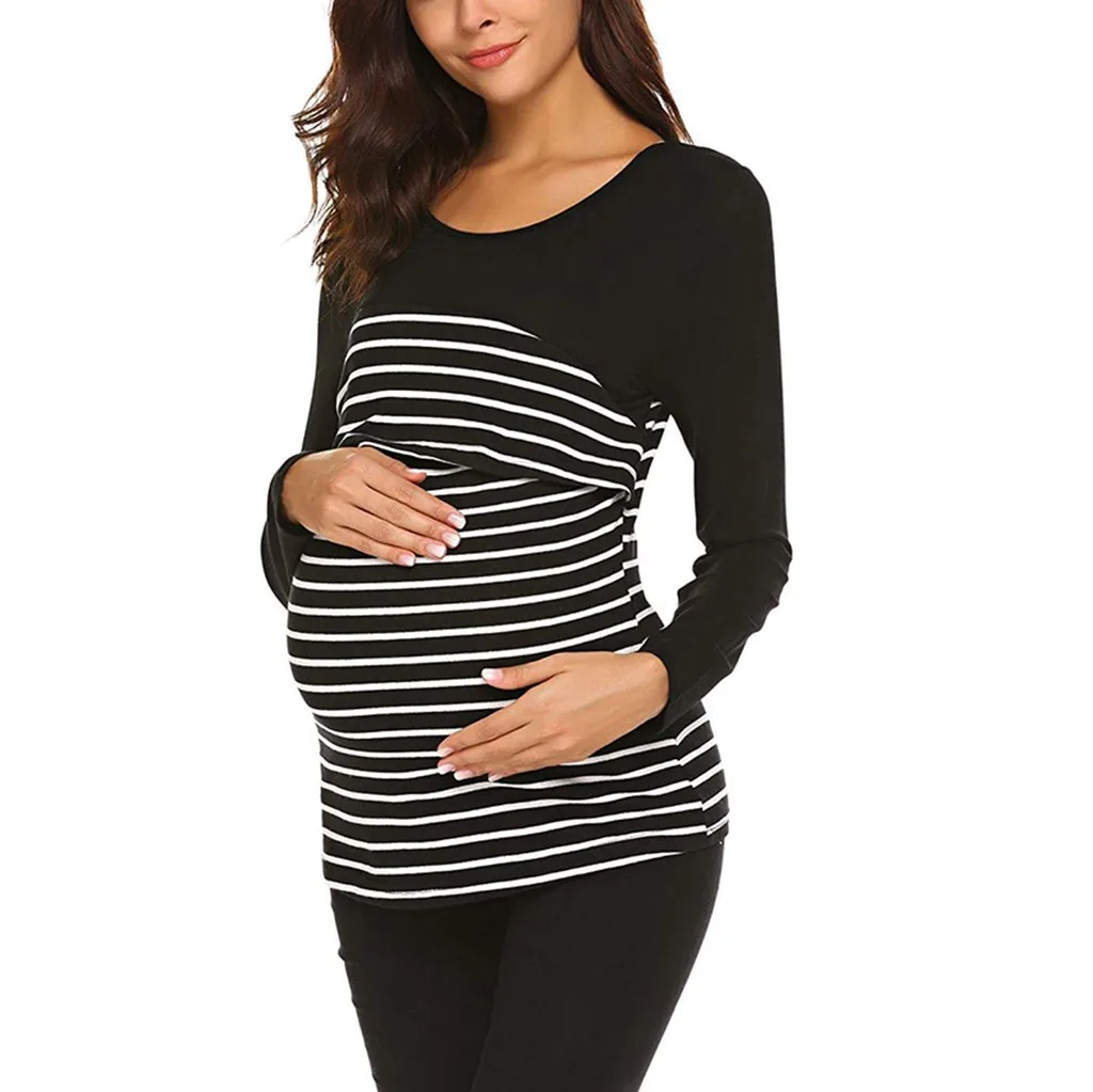 Для женщин MaMa пижамы для беременных с длинным рукавом полосатые топы кормящих