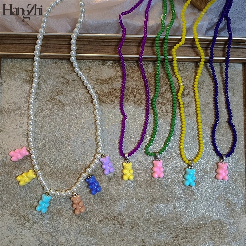 

New Y2K New Colorful Beads Bear Resin Acrylic Pendant NecklaceHangZhi 2021 for Women Girls Party Jewelry Gifts