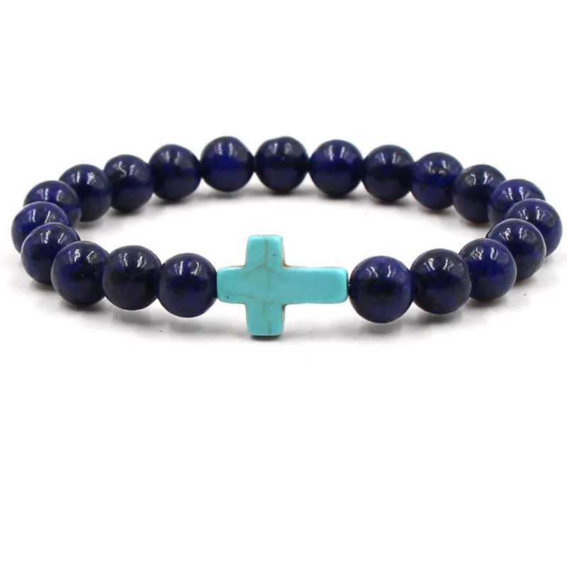 

Trendy 8mm Navy blue Stone Beads Bracelet 9 colors Cross Bracelets for Women and Men Charm Jewelry Noble Pulseras Handmade Gifts