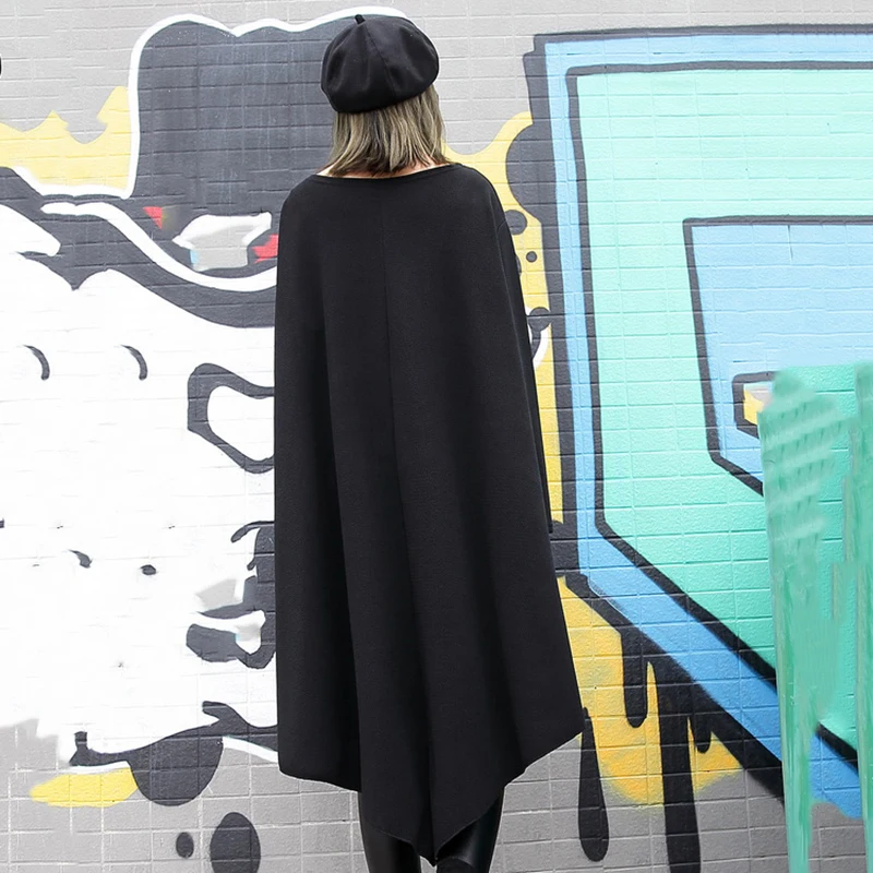 [EAM] 2021 Новое черное свободное асимметричное платье с круглым вырезом и длинным