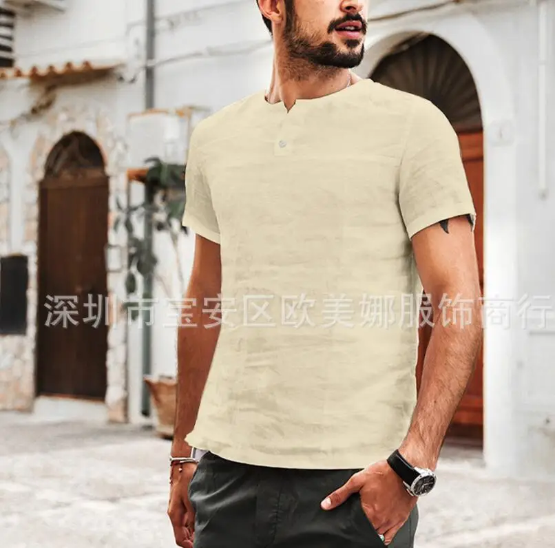 

men's short-sleeved collarless short-sleeved T-shirt trend cotton and linen tops