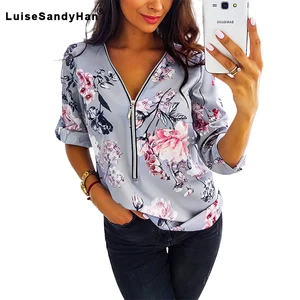 Женская летняя тонкая рубашка с принтом, с v-образным вырезом, с длинным рукавом, на молнии, весна 2020