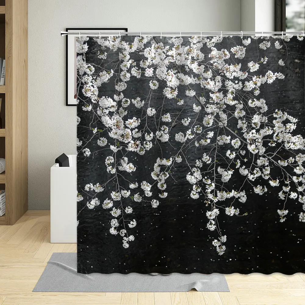 

Floral Plant Black Shower Curtain Hibiscus Rose Blue Red Flower Elegant Bathroom Curtains Fabric For Living Room With Hooks