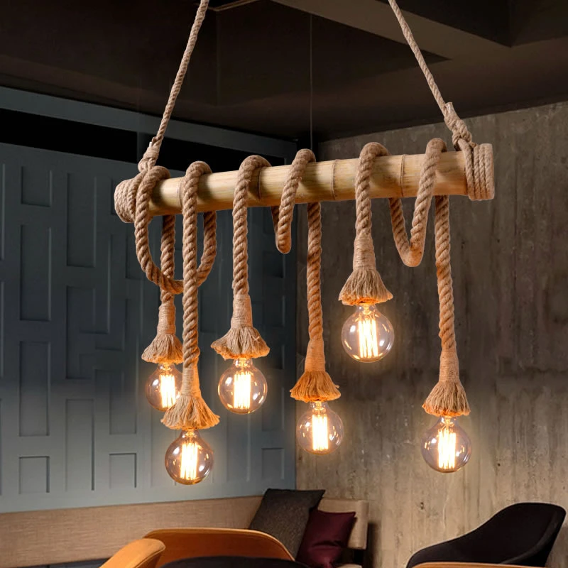 Vintage Hemp Rope Chandelier Lighting 3-8 Heads Retro Bamboo Tube Kitchen Hanging Lamps Restaurant Living Room Clothing Store | Лампы и