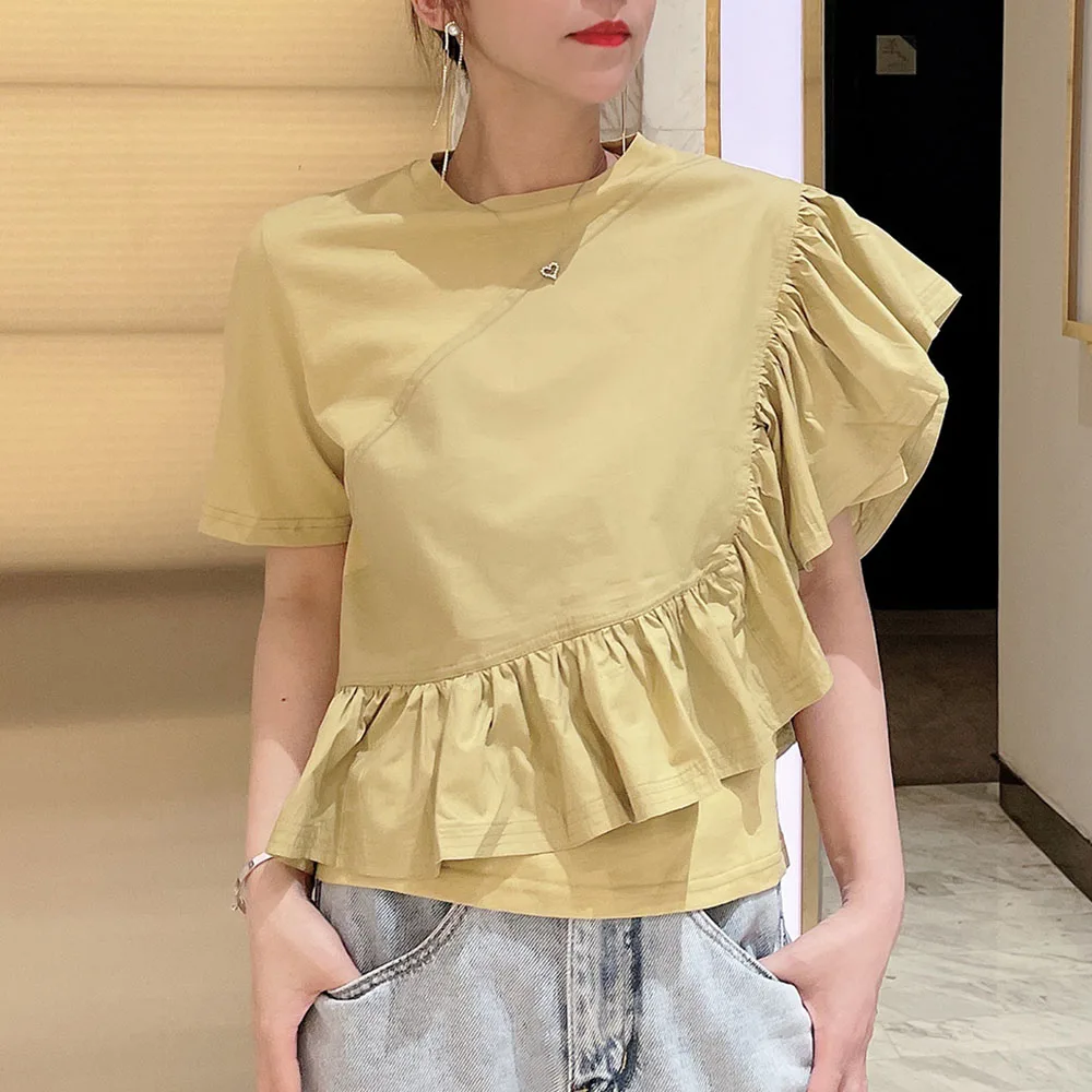 

T-Shirt Plain Round Neck Simple Gather Asymmetric Short Sleeve Women's Fashion Simple Summer Loose 2021 New Style T-shirt