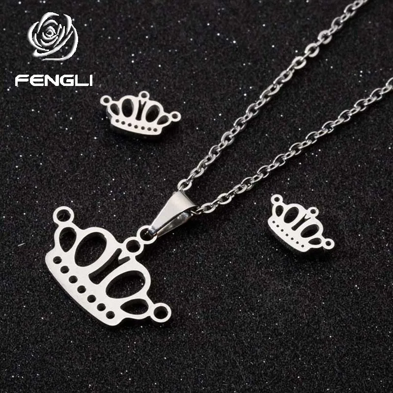 FENGLI King полые короны набор украшений для женщин Подвеска на длинной цепочке и