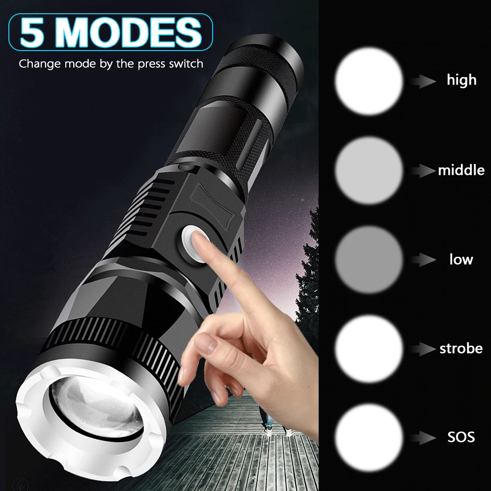 Super bright T6 LED flashlight tactical torch waterproof zoom DC charging lantern uses 18650 battery for best lighting outdoor | Лампы и