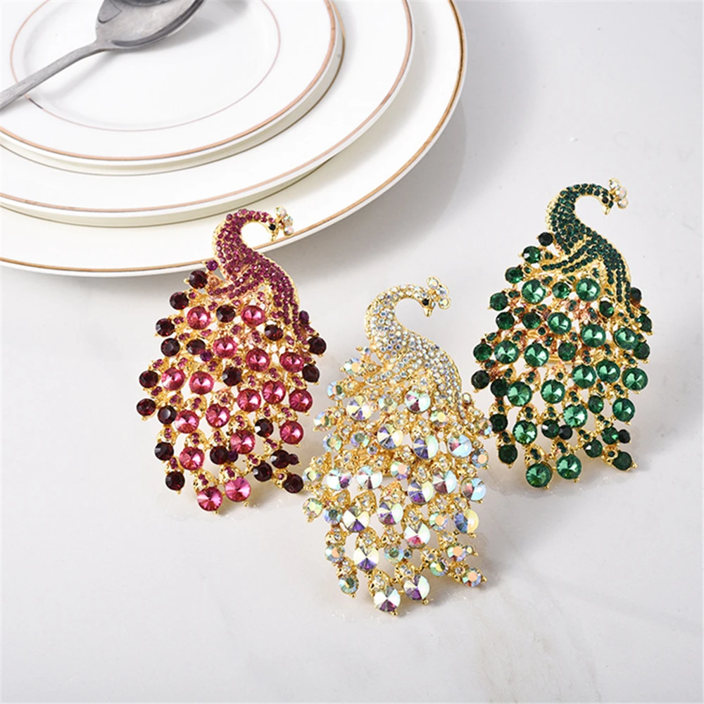 12PCS/Metal peacock diamond-studded three-color napkin ring desktop decoration for wedding banquet hotel family gathering