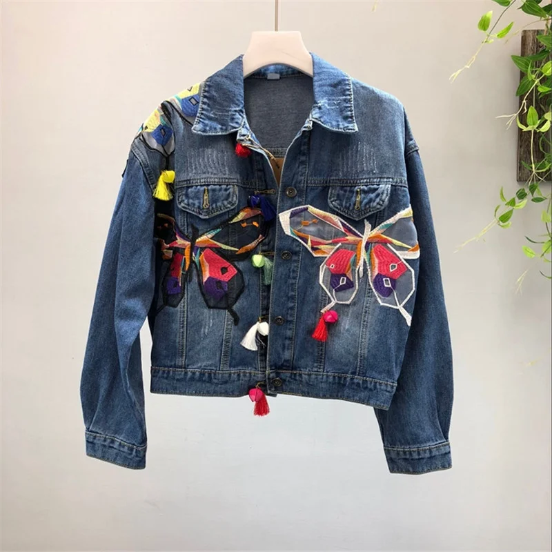 

2021 Autumn Women Denim Jacket Heavy Industry Embroidery Applique Butterfly Jeans Jacket Coats Tassel Short Jacket Outerwear