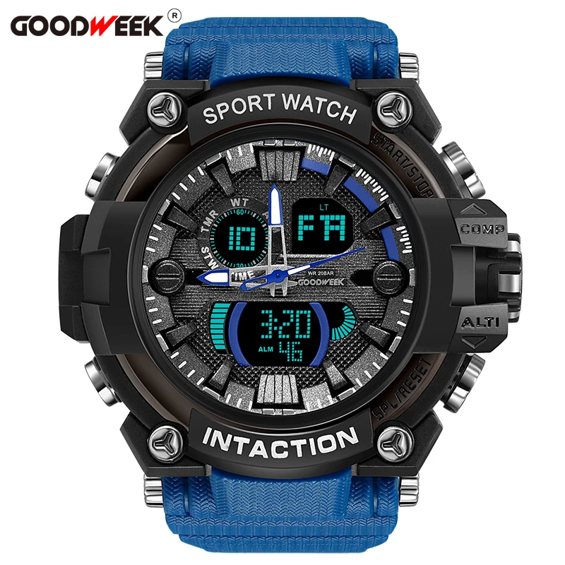 blue GOODWEEK мужские спортивные часы водонепроницаемые цифровые кварцевые часы мужские военные часы с двойным дисплеем для плавания Relogios Masculino - Цвет: blue