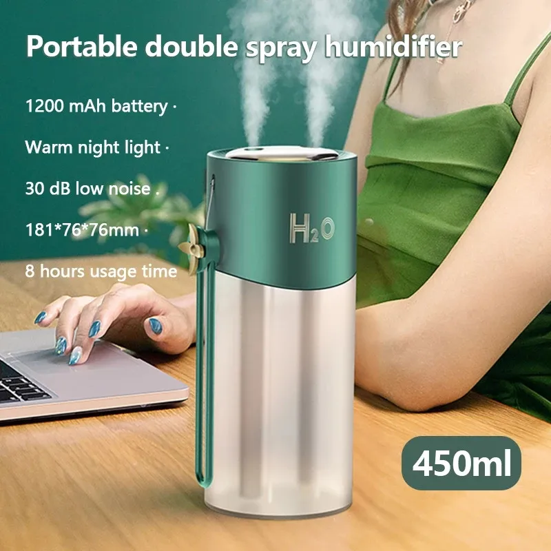 

Air Humidifier Dual Spray 1200mAh USB Rechargeable Wireless Ultrasonic Aroma Diffuser Warm Light Fogger 450ml Large Capacity