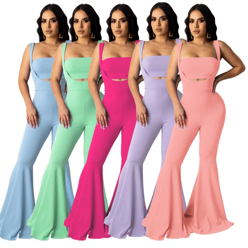 

2020 Fashion High Street Sexy Women Solid Color Strapless Sleeveless Crop Top And Overalls Boot-cut Jumpsuit 5 Color Outfits