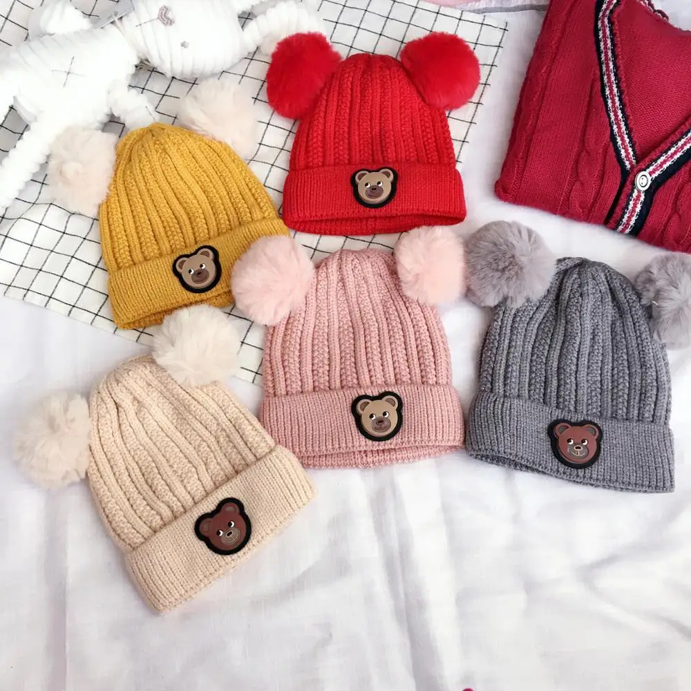 Шапка-бини с мультяшным медведем и помпоном для девочек мальчиков | Аксессуары