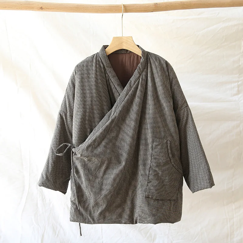 Кардиганы в японском стиле женские свободные с V-образным вырезом клетчатые