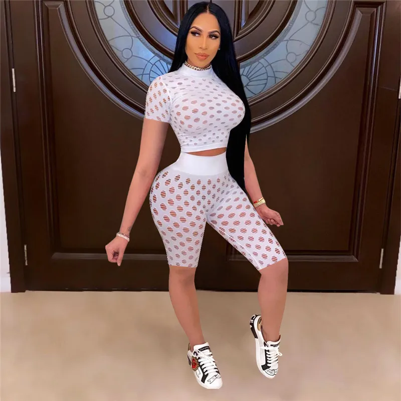 

021 Sexy Women Suit Short Sleeve Hollow Out Bodycon T-shirt Crop Tops High Waist Biker Shorts Trousers Tracksuits